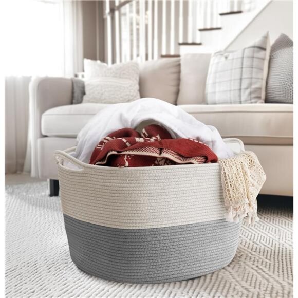 XXXLarge Blanket Basket Living Room - 22" x 22" x 14" Cotton Rope Baskets - Picture 2 of 7